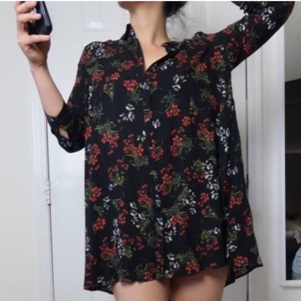 Zara Floral Oversized Shirt Dress Button Down